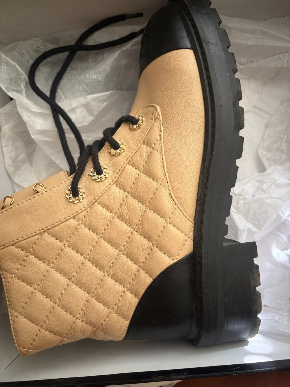 CHANEL Beige Quilted Lace-Up Ankle Boots with Black Cap Toe